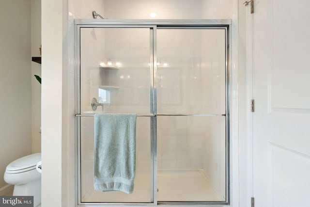 bathroom featuring toilet and a shower stall