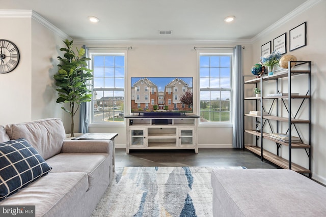 living area with wood finished floors, ornamental molding, visible vents, and plenty of natural light