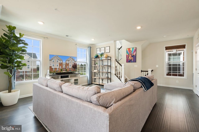 living area with recessed lighting, baseboards, dark wood-style floors, and stairway