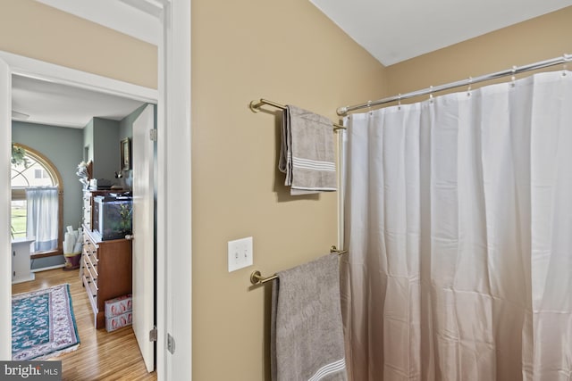 bathroom featuring a shower with shower curtain and wood finished floors