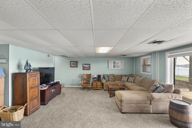 living room featuring visible vents, light colored carpet, baseboards, and a drop ceiling