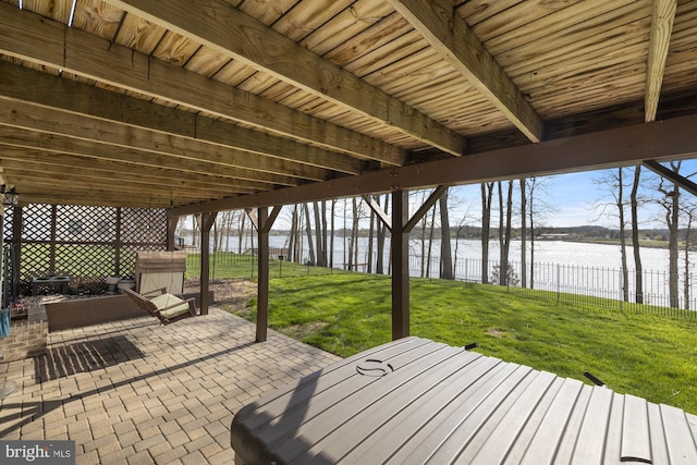 view of patio / terrace featuring fence and a water view