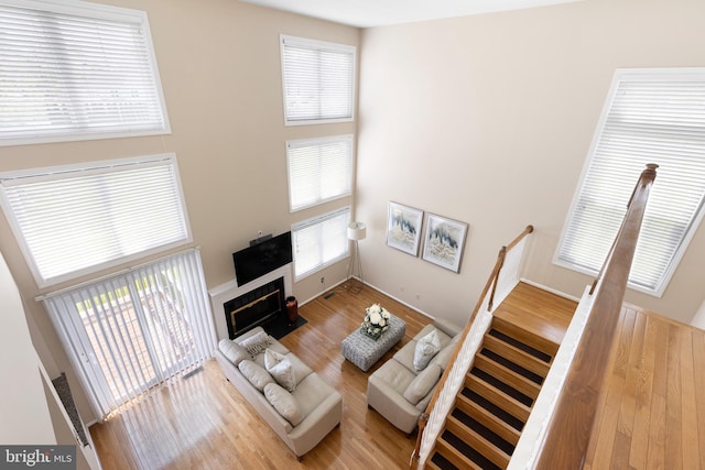 living area with a towering ceiling, a fireplace with flush hearth, and wood finished floors