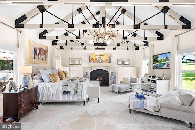 36437 Whispering Springs Ct, Purcellville, VA 20132 - bedroom featuring high vaulted ceiling, a lit fireplace, a chandelier, and concrete flooring