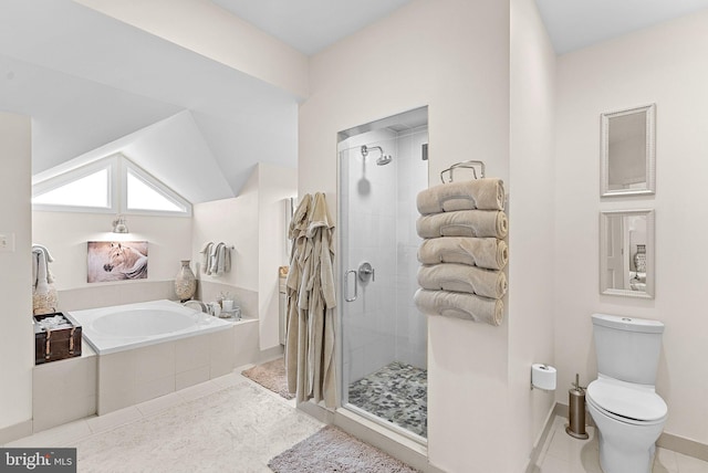 36437 Whispering Springs Ct, Purcellville, VA 20132 - bathroom featuring a bath, tiled shower, toilet, tile patterned flooring, and vaulted ceiling