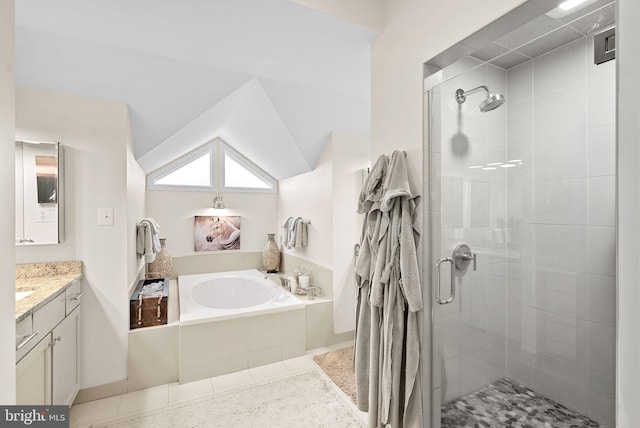36437 Whispering Springs Ct, Purcellville, VA 20132 - bathroom with a stall shower, a bath, vanity, and vaulted ceiling