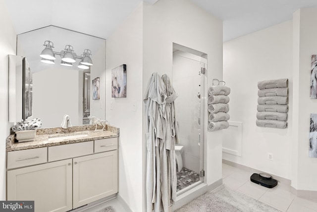 36437 Whispering Springs Ct, Purcellville, VA 20132 - full bathroom featuring a stall shower, vanity, tile patterned floors, and baseboards