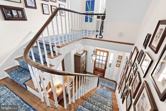 36437 Whispering Springs Ct, Purcellville, VA 20132 - staircase featuring a towering ceiling, wood finished floors, and baseboards