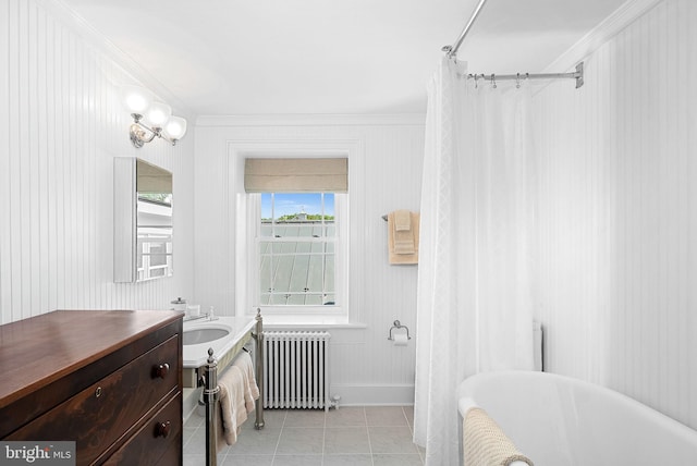 36437 Whispering Springs Ct, Purcellville, VA 20132 - full bathroom with radiator, ornamental molding, baseboards, tile patterned flooring, and shower / bath combination with curtain