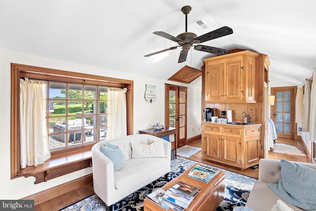 36437 Whispering Springs Ct, Purcellville, VA 20132 - living room featuring lofted ceiling, french doors, light wood-style flooring, ceiling fan, and baseboards