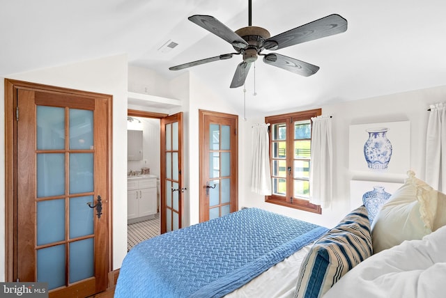 36437 Whispering Springs Ct, Purcellville, VA 20132 - bedroom with lofted ceiling, french doors, a sink, ceiling fan, and ensuite bath