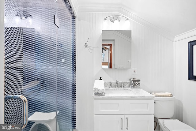 36437 Whispering Springs Ct, Purcellville, VA 20132 - full bathroom with vanity, crown molding, toilet, a tile shower, and vaulted ceiling
