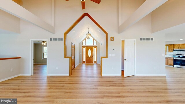 1081 Caldwell Corner Rd, Townsend, DE 19734 - entrance foyer featuring visible vents, a ceiling fan, and high vaulted ceiling