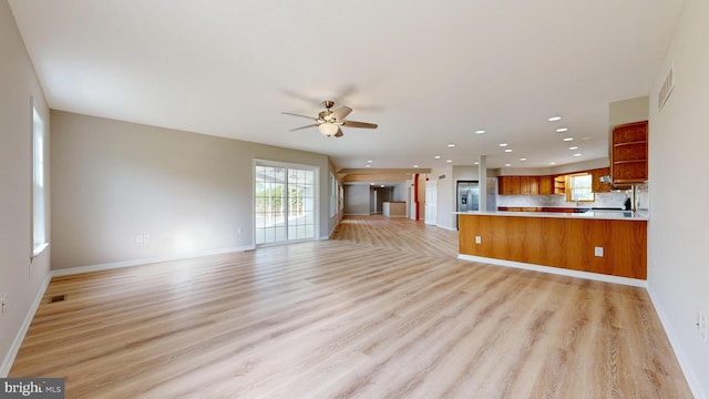 1081 Caldwell Corner Rd, Townsend, DE 19734 - unfurnished living room with a ceiling fan, visible vents, light wood-type flooring, baseboards, and recessed lighting