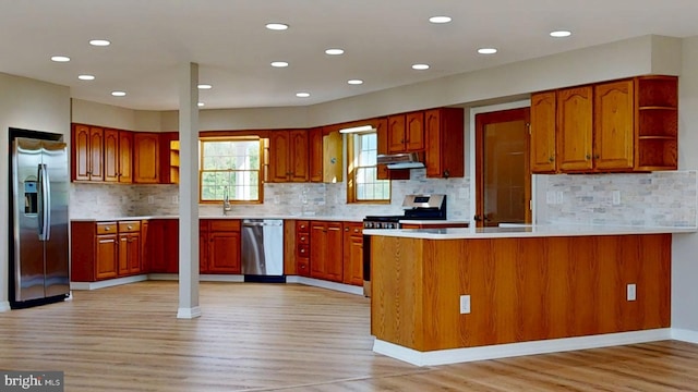 1081 Caldwell Corner Rd, Townsend, DE 19734 - kitchen featuring light wood finished floors, a peninsula, under cabinet range hood, and stainless steel appliances
