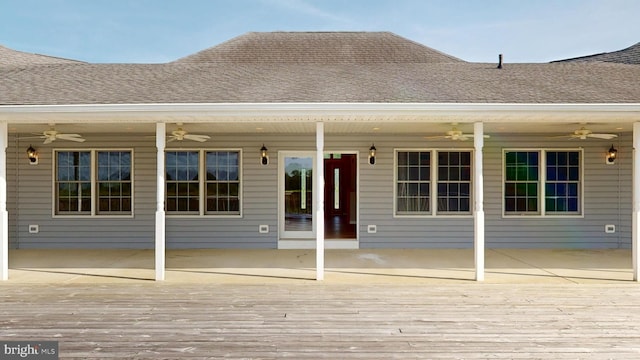 1081 Caldwell Corner Rd, Townsend, DE 19734 - rear view of house featuring roof with shingles, a ceiling fan, and a wooden deck