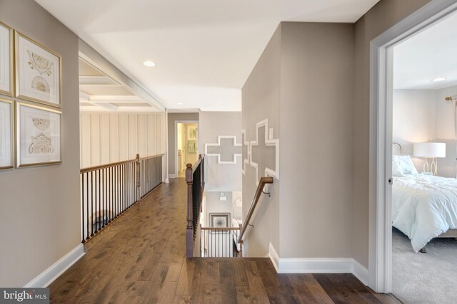 126 Green Forest Dr Unit 5Houston, Middletown, DE 19709 - corridor with recessed lighting, baseboards, dark wood-style floors, and an upstairs landing