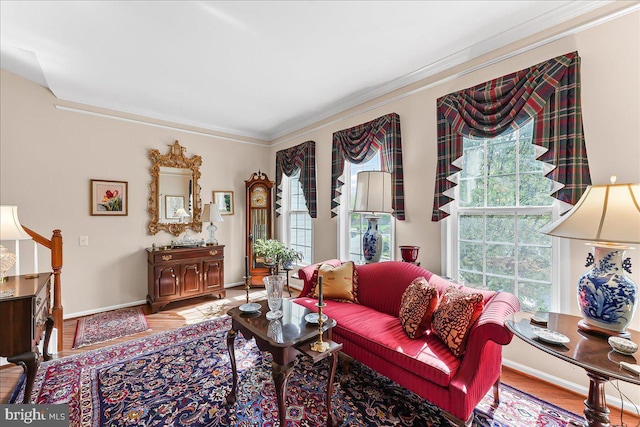 living area featuring baseboards, crown molding, and plenty of natural light