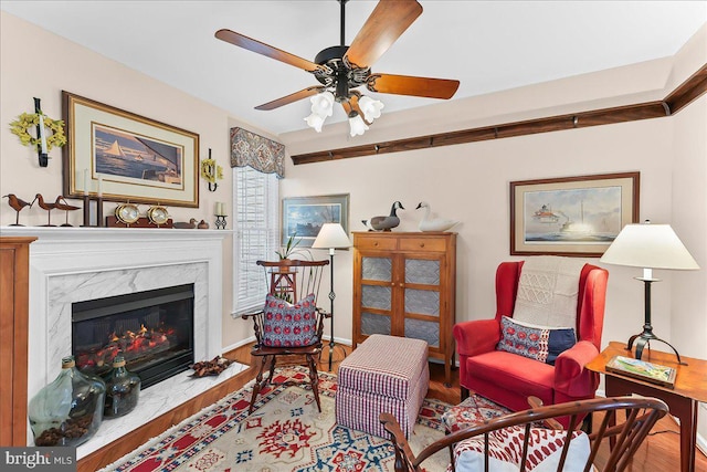 living area with ceiling fan, wood finished floors, and a fireplace