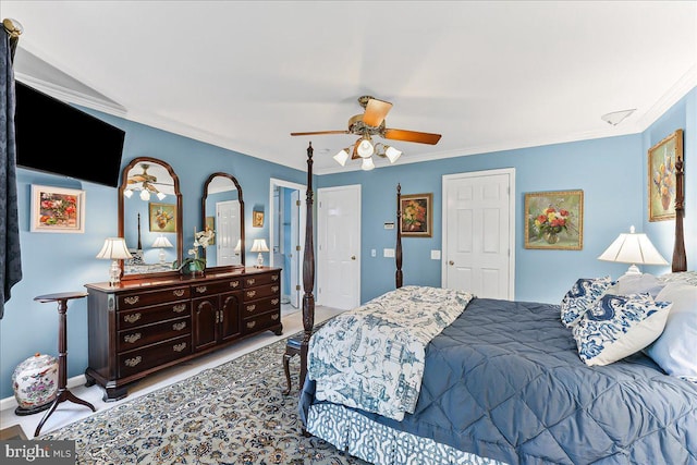 bedroom featuring crown molding, a ceiling fan, and baseboards