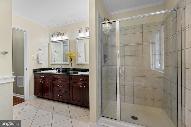 26 Blossom Wood Ct, Stafford, VA 22554 - bathroom with crown molding, tile patterned flooring, visible vents, a stall shower, and double vanity