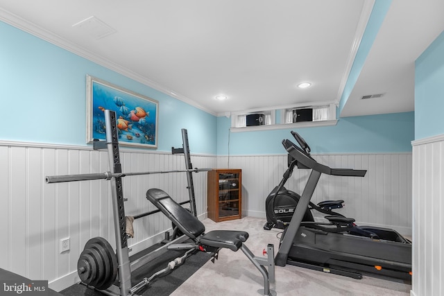 26 Blossom Wood Ct, Stafford, VA 22554 - exercise area featuring crown molding, visible vents, a wainscoted wall, and carpet flooring
