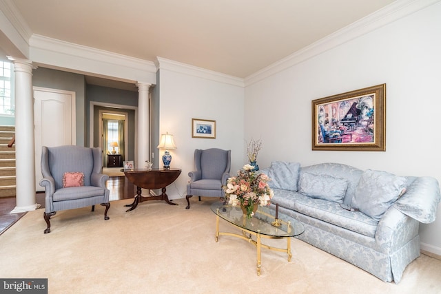106 Mahogany Way, Upper Gwynedd, PA 19446 - living room with stairway, carpet floors, crown molding, and ornate columns