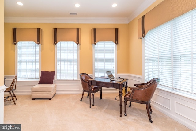 106 Mahogany Way, Upper Gwynedd, PA 19446 - carpeted home office featuring a decorative wall, crown molding, a wainscoted wall, visible vents, and recessed lighting