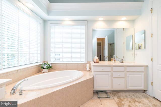 106 Mahogany Way, Upper Gwynedd, PA 19446 - bathroom featuring a bath, ornamental molding, vanity, and a stall shower