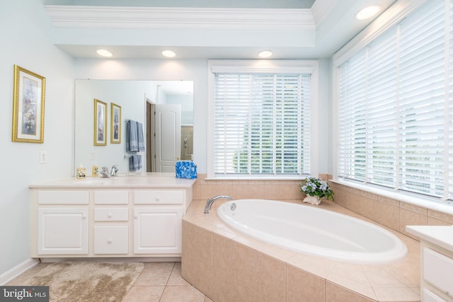 106 Mahogany Way, Upper Gwynedd, PA 19446 - bathroom featuring a garden tub, vanity, ornamental molding, and a healthy amount of sunlight