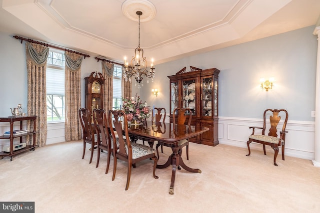106 Mahogany Way, Upper Gwynedd, PA 19446 - dining space with a raised ceiling, a wainscoted wall, a chandelier, and light colored carpet