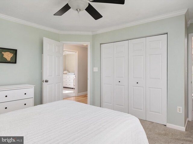 2311 Crosslanes Way, Odenton, MD 21113 - bedroom featuring a ceiling fan, light carpet, ornamental molding, a closet, and baseboards