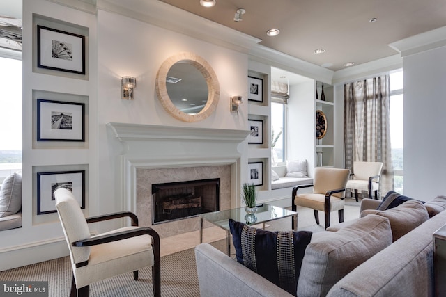 851 N Glebe Rd Unit 321, Arlington, VA 22203 - living room featuring a premium fireplace, recessed lighting, a wealth of natural light, and carpet