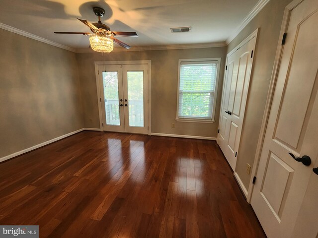 14306 Bowsprit Ln Unit 22, Laurel, MD 20707 - empty room featuring french doors, dark wood-type flooring, a ceiling fan, and ornamental molding