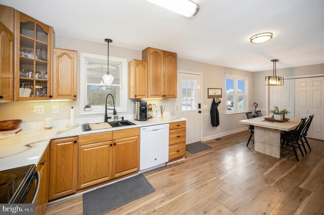 522 White Oak Rd, Fredericksburg, VA 22405 - kitchen featuring glass insert cabinets, dishwasher, a sink, pendant lighting, and electric range
