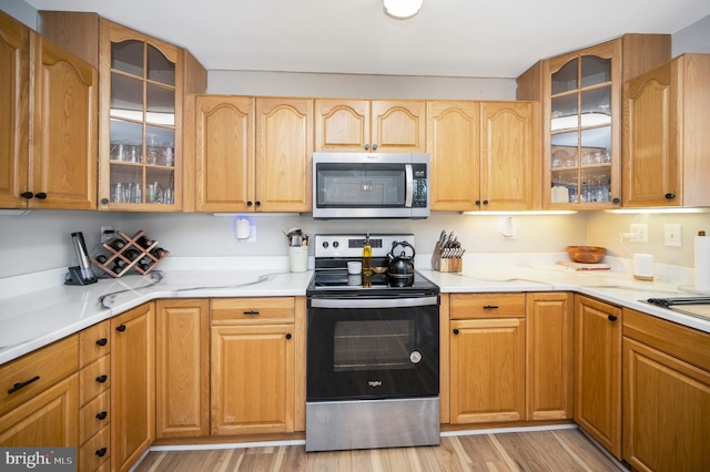 522 White Oak Rd, Fredericksburg, VA 22405 - kitchen with glass insert cabinets, light wood-style flooring, light countertops, and appliances with stainless steel finishes