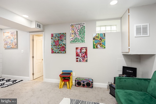 recreation room with visible vents, carpet, baseboards, and recessed lighting