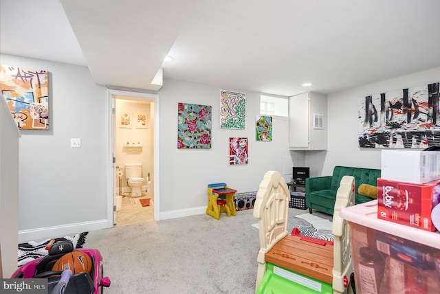 rec room featuring carpet flooring, recessed lighting, baseboards, and visible vents