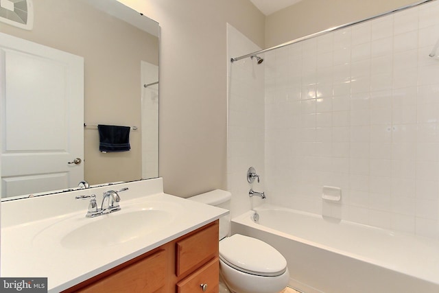 full bath with toilet, vanity, washtub / shower combination, and visible vents