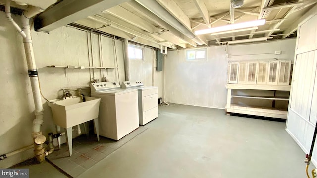 8107 Candle Ln, Baltimore, MD 21237 - clothes washing area featuring electric panel, washing machine and clothes dryer, a sink, and laundry area