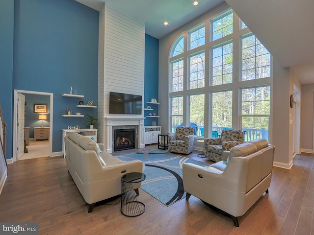 22144 Welches Way, Lewes, DE 19958 - living room featuring a towering ceiling, baseboards, hardwood / wood-style floors, a fireplace, and recessed lighting