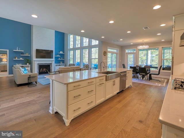 22144 Welches Way, Lewes, DE 19958 - kitchen with a sink, stainless steel appliances, white cabinetry, a fireplace, and light wood-style flooring