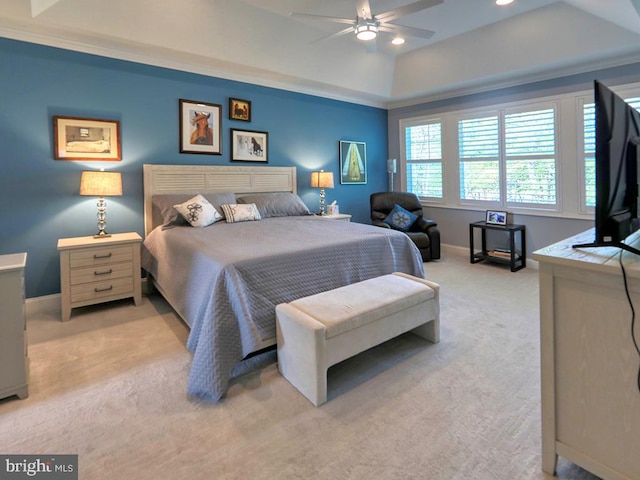 22144 Welches Way, Lewes, DE 19958 - bedroom with light carpet, a raised ceiling, baseboards, ornamental molding, and a ceiling fan