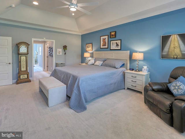 bedroom with carpet floors, a tray ceiling, recessed lighting, baseboards, and ceiling fan