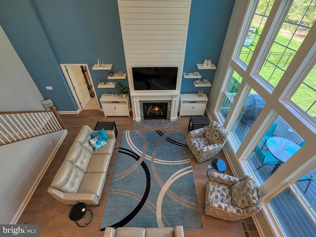 22144 Welches Way, Lewes, DE 19958 - living area featuring a high ceiling, a fireplace, wood finished floors, and baseboards