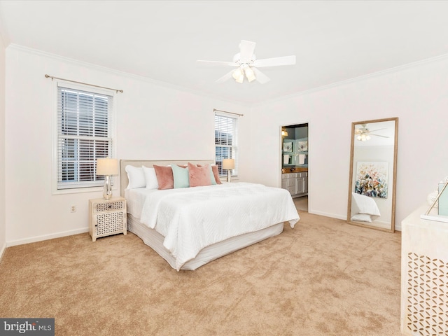 bedroom with baseboards, ornamental molding, and carpet flooring