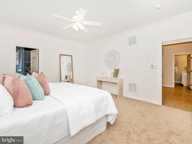 bedroom with baseboards, visible vents, and crown molding