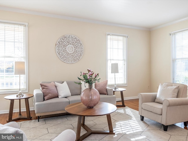 living area with light wood-style floors, plenty of natural light, baseboards, and ornamental molding