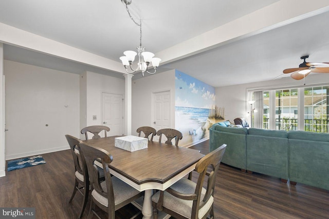 dining area featuring baseboards, ceiling fan with notable chandelier, and dark wood-type flooring