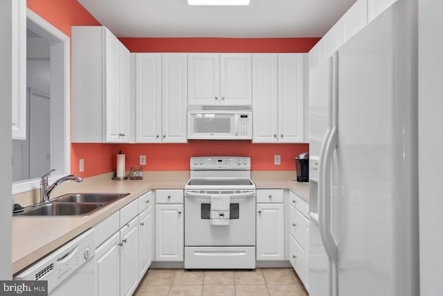 kitchen featuring a sink, white cabinetry, white appliances, and light countertops